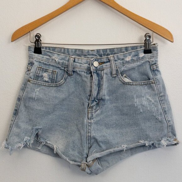 Distressed High-Waisted Light Wash Denim Shorts – Size L - Picture 1 of 3